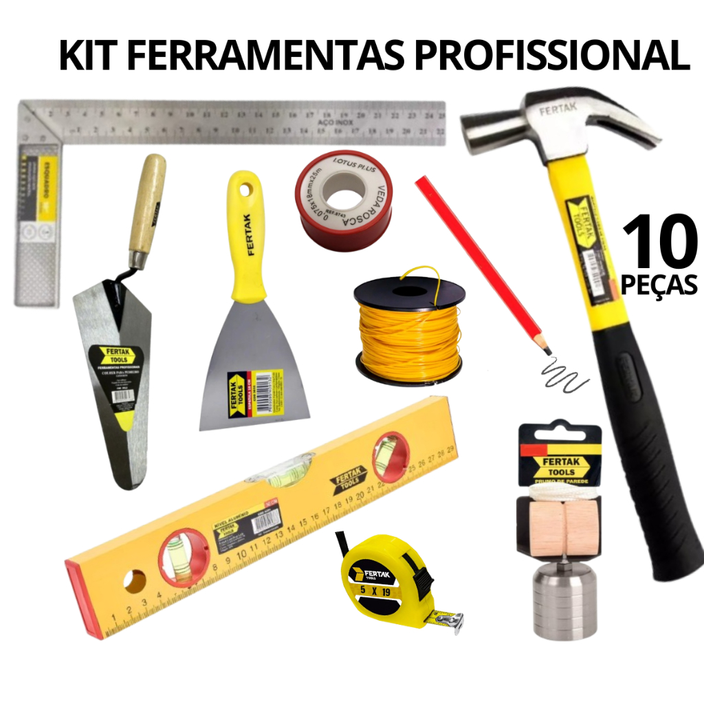 Kit 10 Ferramentas de Pedreiro Essenciais Para Sua Construção Reforma Obras em Geral - Fertak