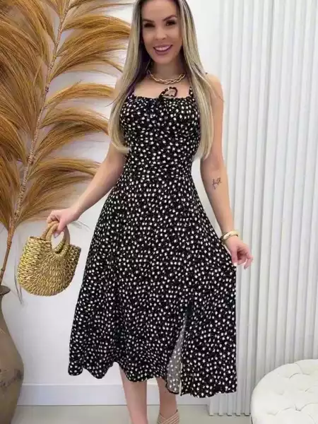 Vestido Feminino Mídi Romântico Estampa Floral | Fenda lateral Laço no Busto | Tendencia Moda