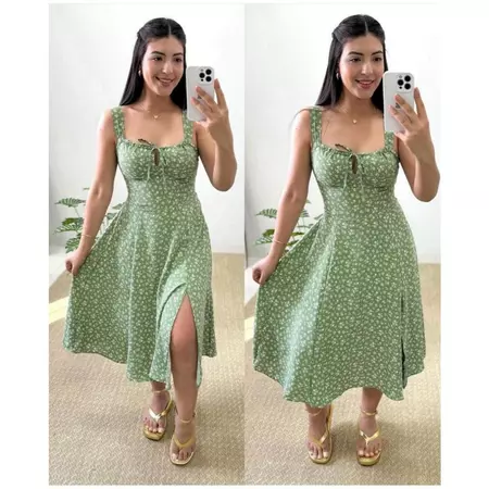 Vestido feminino mídi romântico estampa floral fenda lateral laço no busto