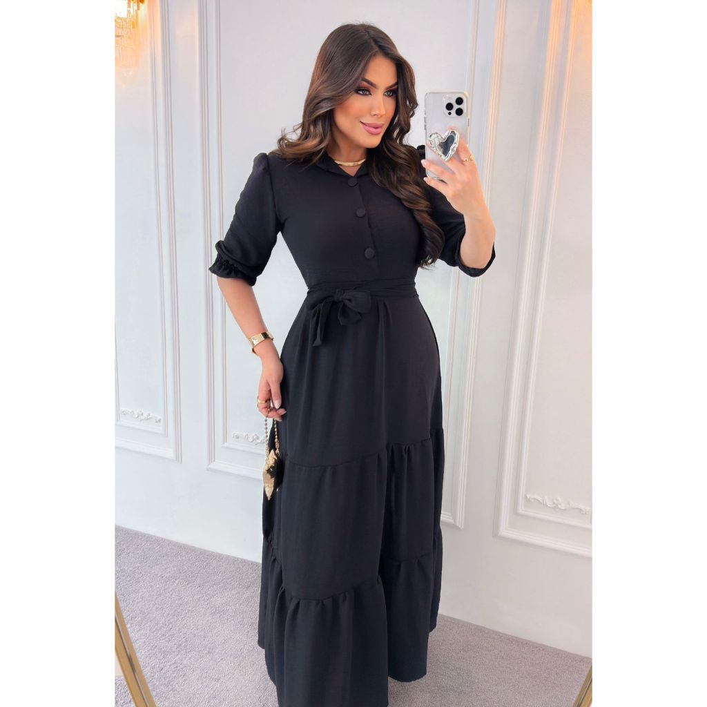 Vestido Evangélico Vestido Preto Rodado Longo Moda Evangelica