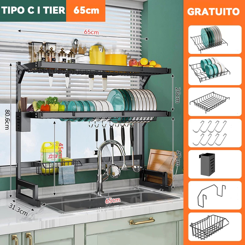 Escorredor De Louça Suspenso Kitchen Rack Aço Inoxidável Organizador Louça Preto 65/85cm