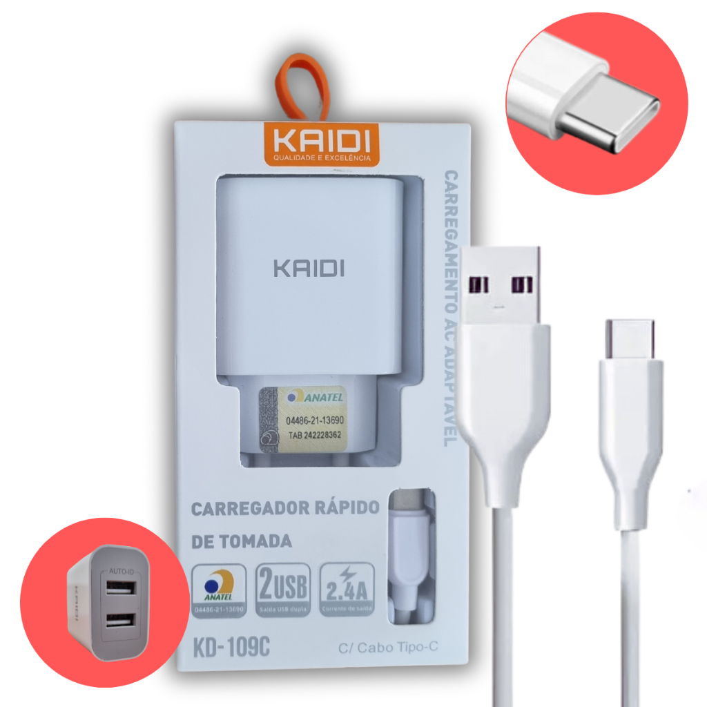 Carregador Kaidi Turbo Rápido 2 Duplo Usb Cabo Tipo C Branco