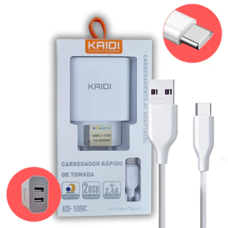 Carregador Kaidi Turbo Rápido 2 Duplo Usb Cabo Tipo C Branco