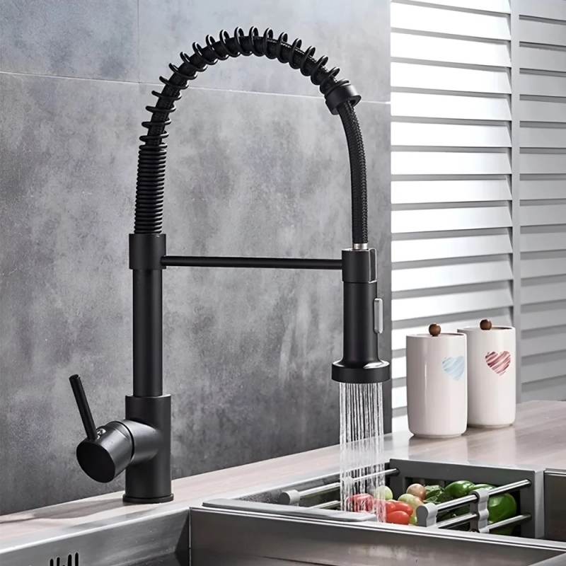 Torneira Cozinha Gourmet de Bancada Monocomando Preta Com Spray Flexível Misturador, Torneira Rotação 360°