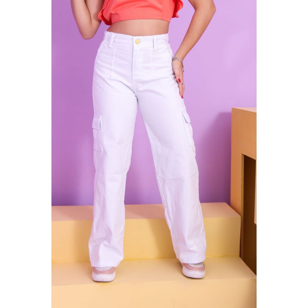 Calça Jeans Cargo Branca Wide Leg Pantalona Moda Menina Juvenil ...
