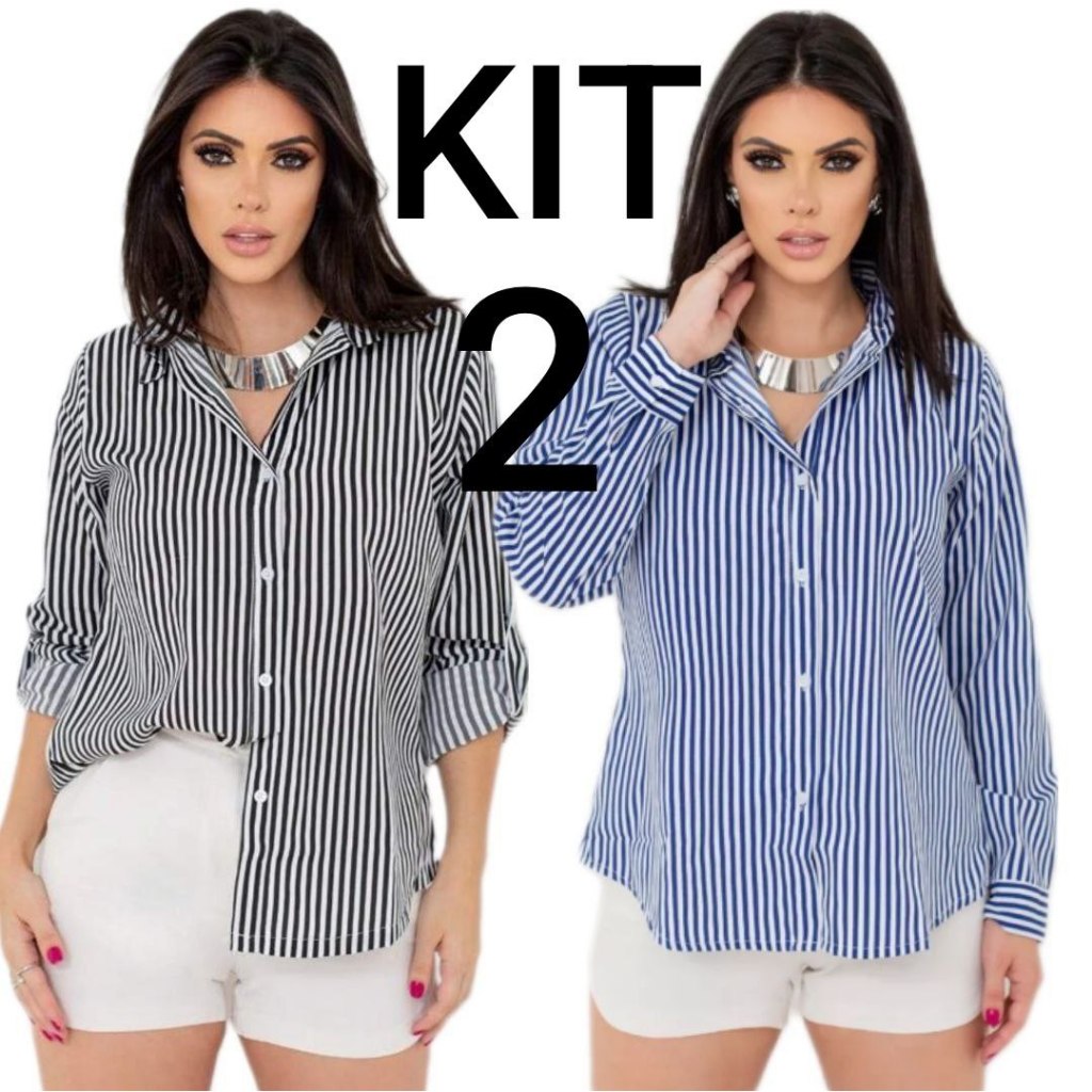 Kit 2 camisa manga longa listrada risca de giz moda feminina