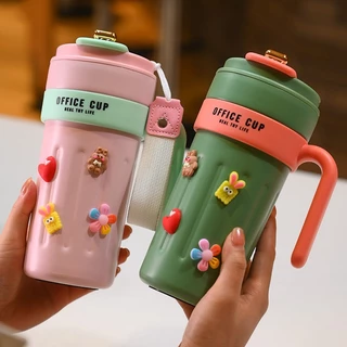 Copo térmica com Alça e Termômetro Office Cup 650ml cafe suco bebida garrafa com adesivo fofo