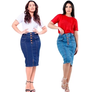 Saia Jeans Feminina Mid Moda Evangélica Cintura Alta Fenda Frontal