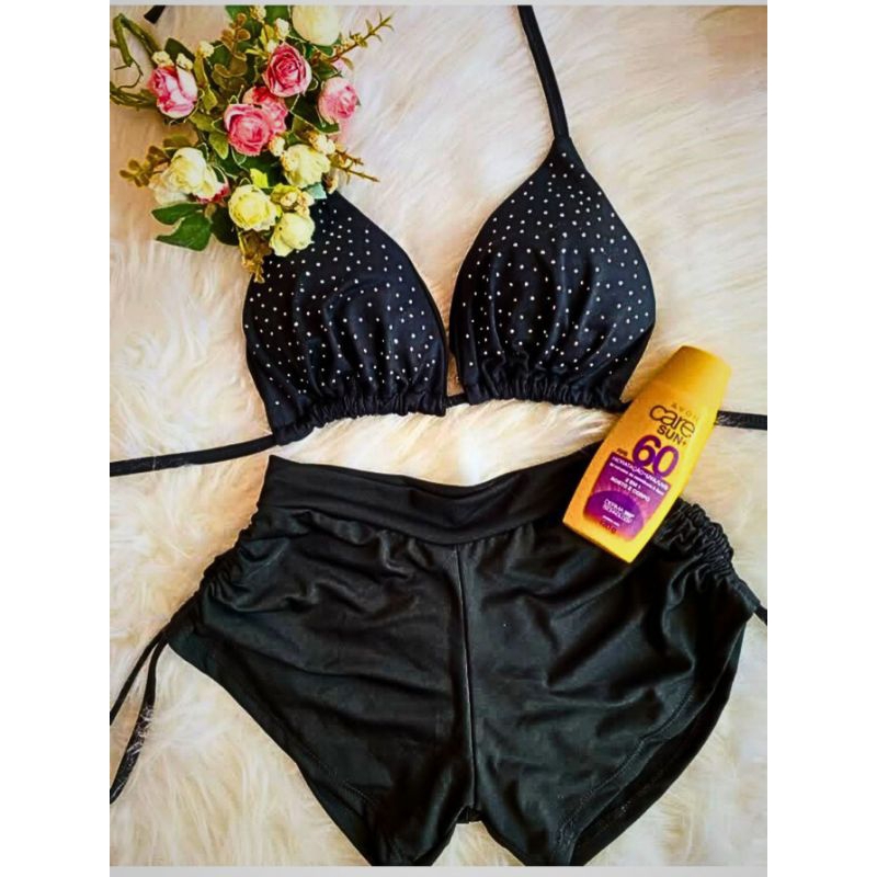 Conjunto Biquíni Top Cortininha strass brilho e Shorts Sukini com ...