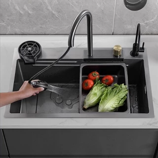 Cuba Cascata Premium Completa Com Torneira E Lavador De Copos Pia Cozinha Gourmet Aço Inox 304