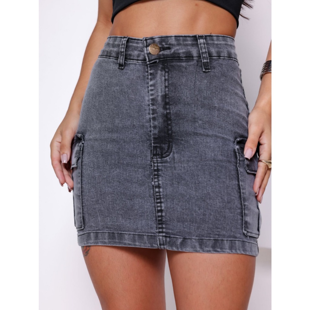Saia cargo jeans feminina Grafite 3% elastano moda blogueira.