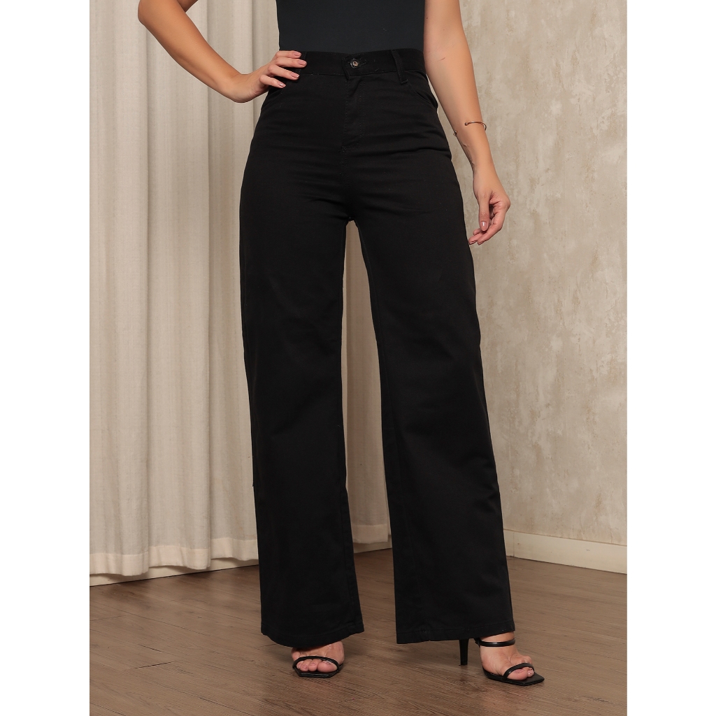 Calça Jeans Feminina Wide Leg Pantalona Cintura Alta Estiosa Preta Direto da Fabrica