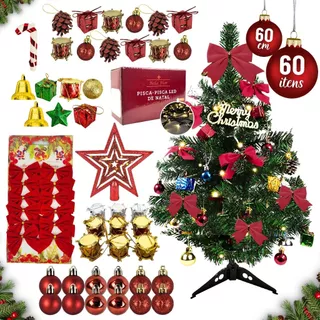 Árvore De Natal Decorada 60cm Com Pisca E 60 Acessórios