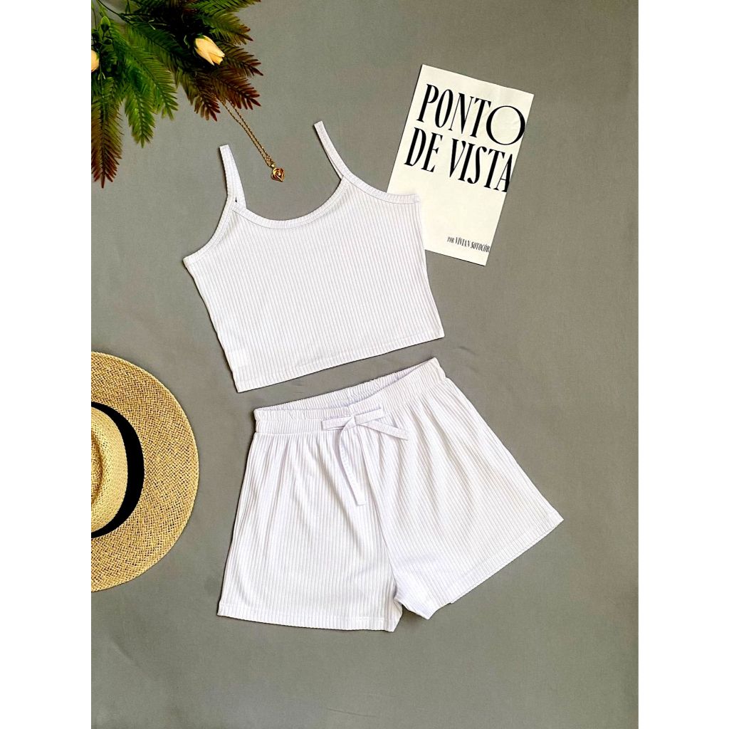 Conjuntos Feminino Cropped Top Simples básico Alcinha+Short Curto Malha ...