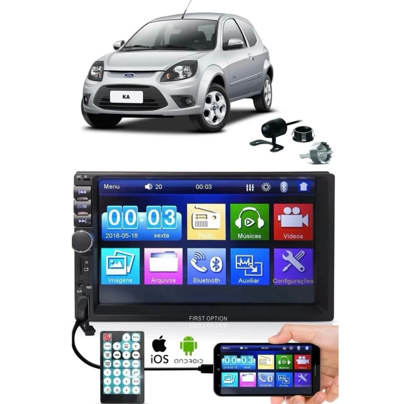 Multimídia Ford Ka + moldura + câmera de ré Bluetooth Espelhamento Android IOS