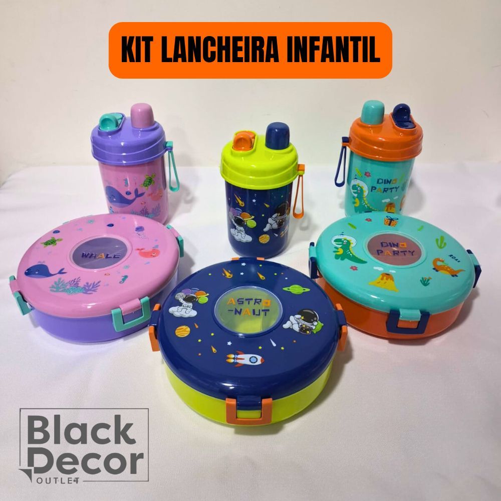 Kit Lancheira Infantil Com Divisória Visor + Talher + Garrafa 600ml Escolar Multiuso