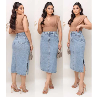 Saia Jeans Midi Com Abertura Cintura Alta Feminina Evangélica 100% Jeans