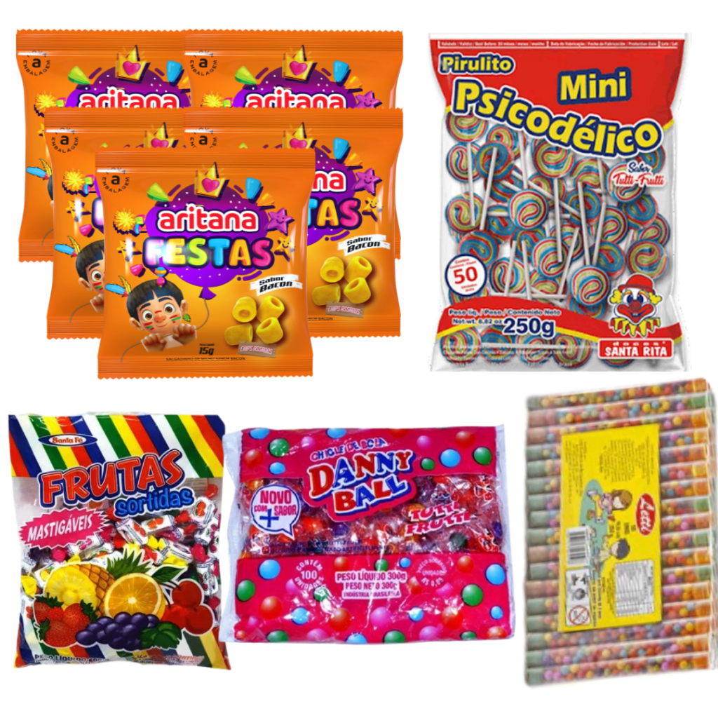 Kit Salgadinhos Guloseimas Doces Pirulito Frutitos Balas