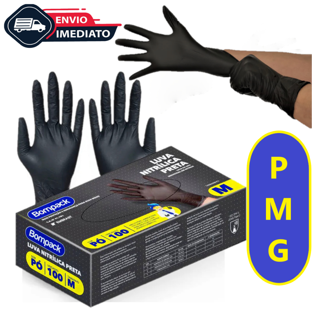 Kit 200 Luvas Nitrílicas preta sem pó descartáveis CA P M G
