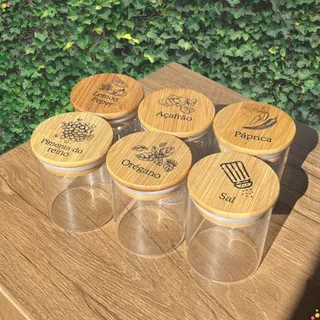 Kit 6 Potes Para Tempero 200ml Vidro Hermético Personalizado Tampa Bambu Alta Vedação Mantimentos
