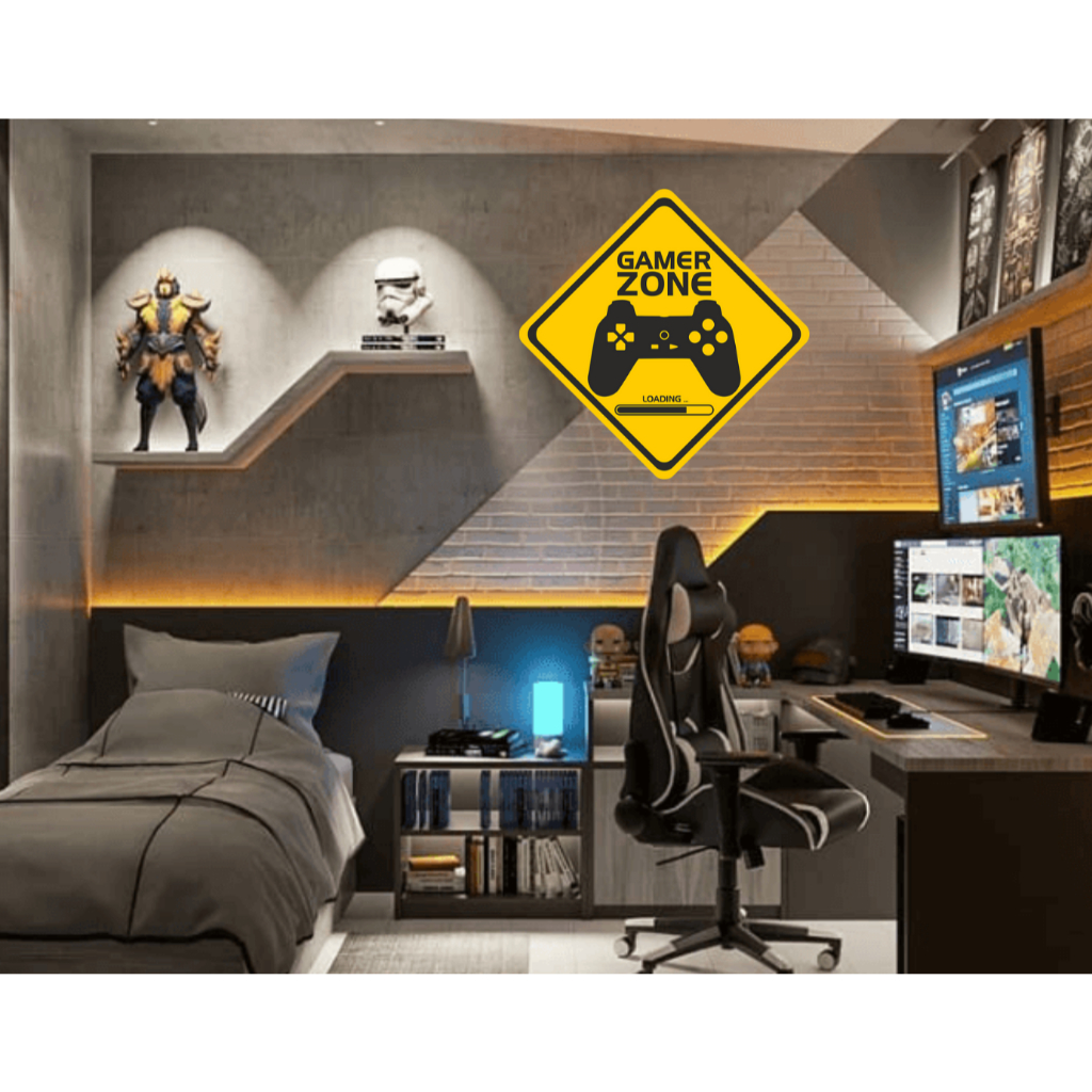 GAMER ZONE - Quadro decorativo 20x20 cm Mdf - Impressão em vinil - Gamer - Quarto - Decoração