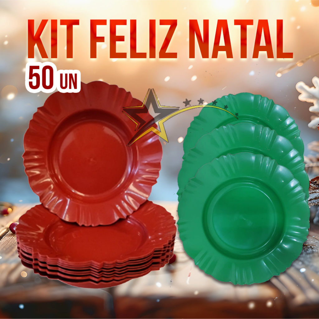 KIT NATAL COM 50 PRATOS (25 VERMELHOS E 25 VERDES) DE PLÁSTICO RESISTENTE CEIA DE NATAL BOAS FESTAS ANIVERSÁRIO CHURRAS