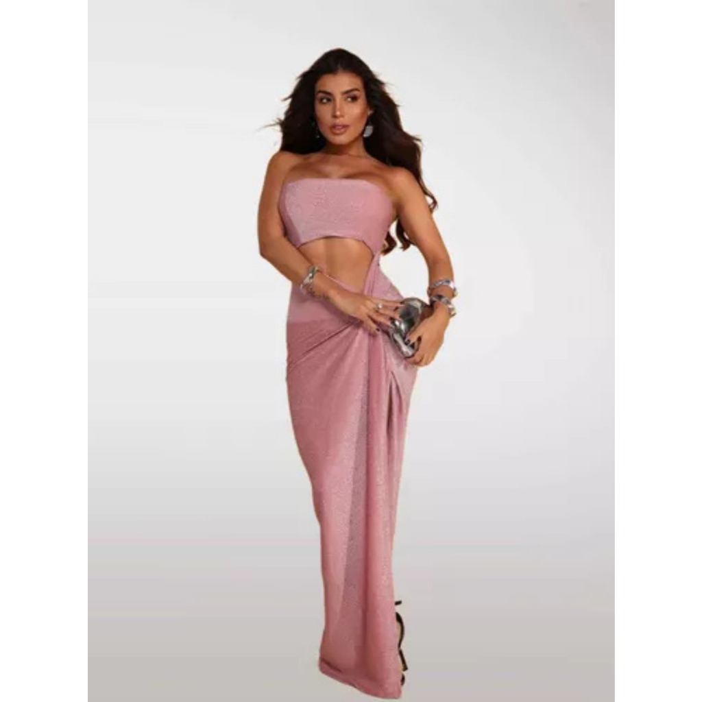 Vestido Longo Lurex Fenda Lateral Franzida Tomara Que Caia Festa