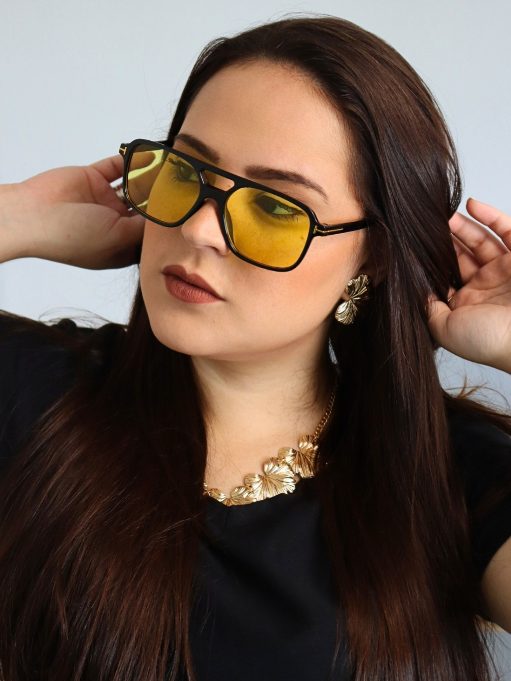 Óculos de Sol Premium Preto e Amarelo Lentes Noturnas Blogueira Verão ...
