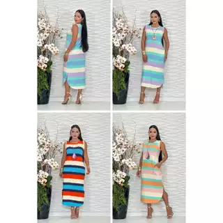 vestido Feminino regata, com gola e fenda na lateral, no tecido visco lycra, listrado.