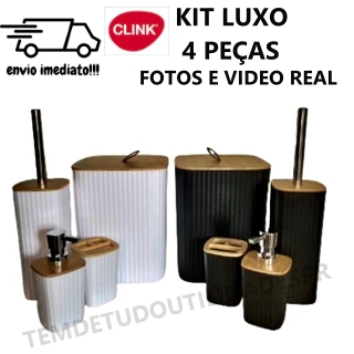 Kit Banheiro Bambu Luxo Conjunto Lavabo Lixeira Saboneteira de Banheiro e Escova Sanitaria 4 peças