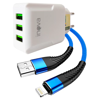 Kit Carregador Celular Fonte USB 3 Entradas Com Cabo Carregador 2 Metros iPhone Android V8 Tipo C