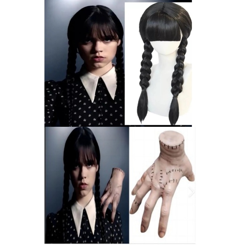 Kit Wandinha Familia Addams Peruca + Mãozinha Halloween Para Festa Decoração Fantasia Halloween