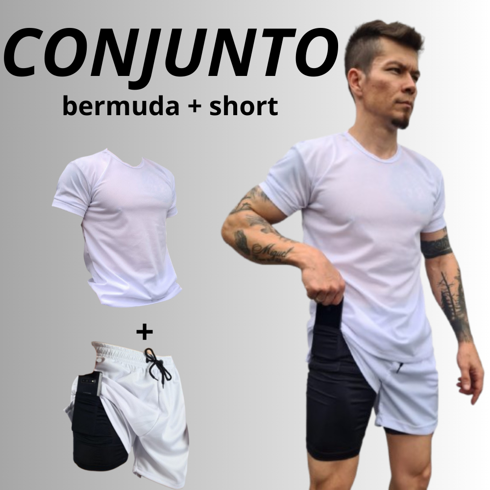 Conjunto Academia Short 2 Em 1 + Camiseta Dry Fit Masculino