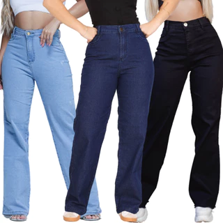 Calça Wide Leg Jeans Feminina Pantalona Cintura Alta