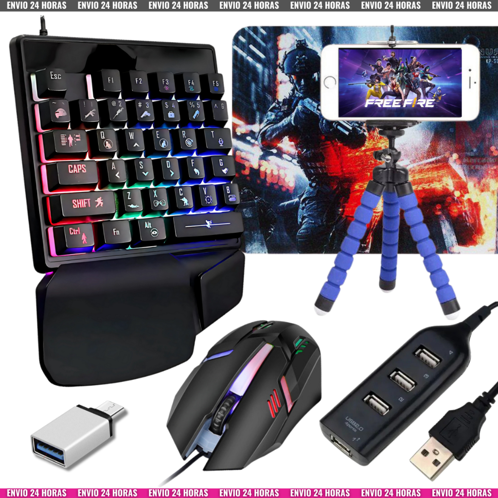 Kit Mobilador Celular Teclado Gamer Uma Mão + Mouse Gamer