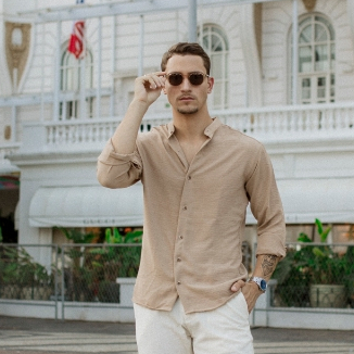 Camisa Gola Padre Manga Longa com Botões Marrom
