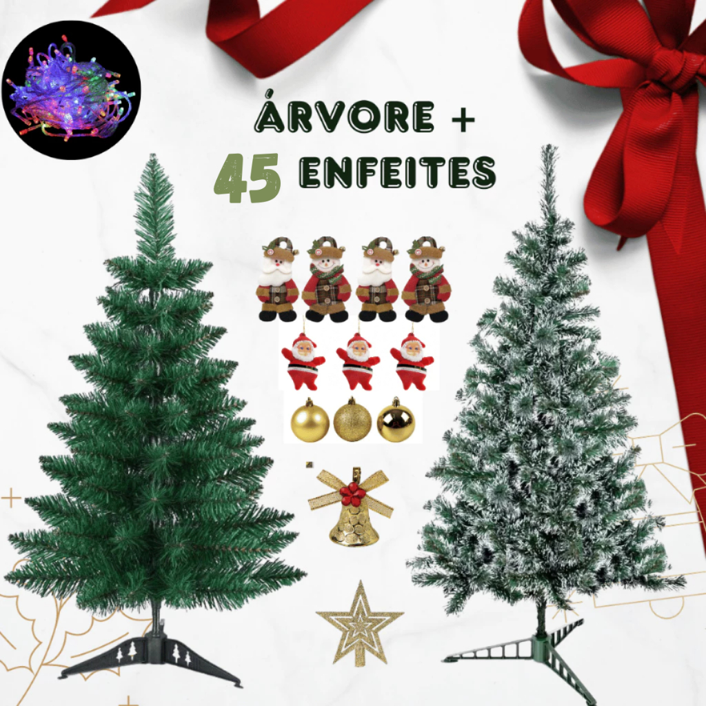 Árvore de Natal 1,20m 90cm 60cm Verde e Nevada Enfeites Arvore Completa Com pisca Pisca E Bolinhas