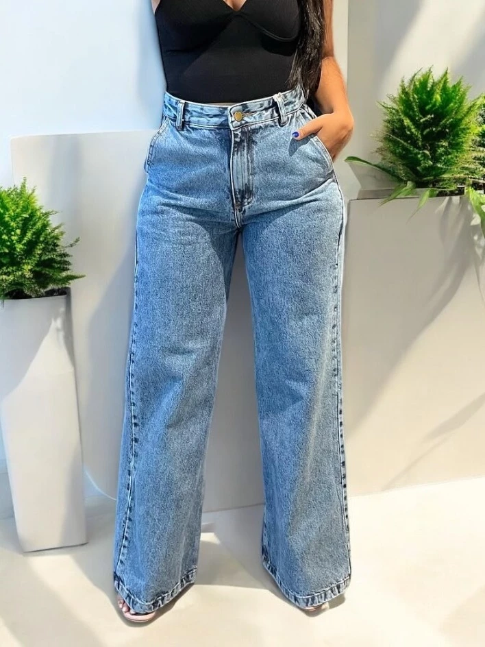Calça Wide Leg Jeans Feminina Marmorizada Cintura Alta 100% Algodão Premium
