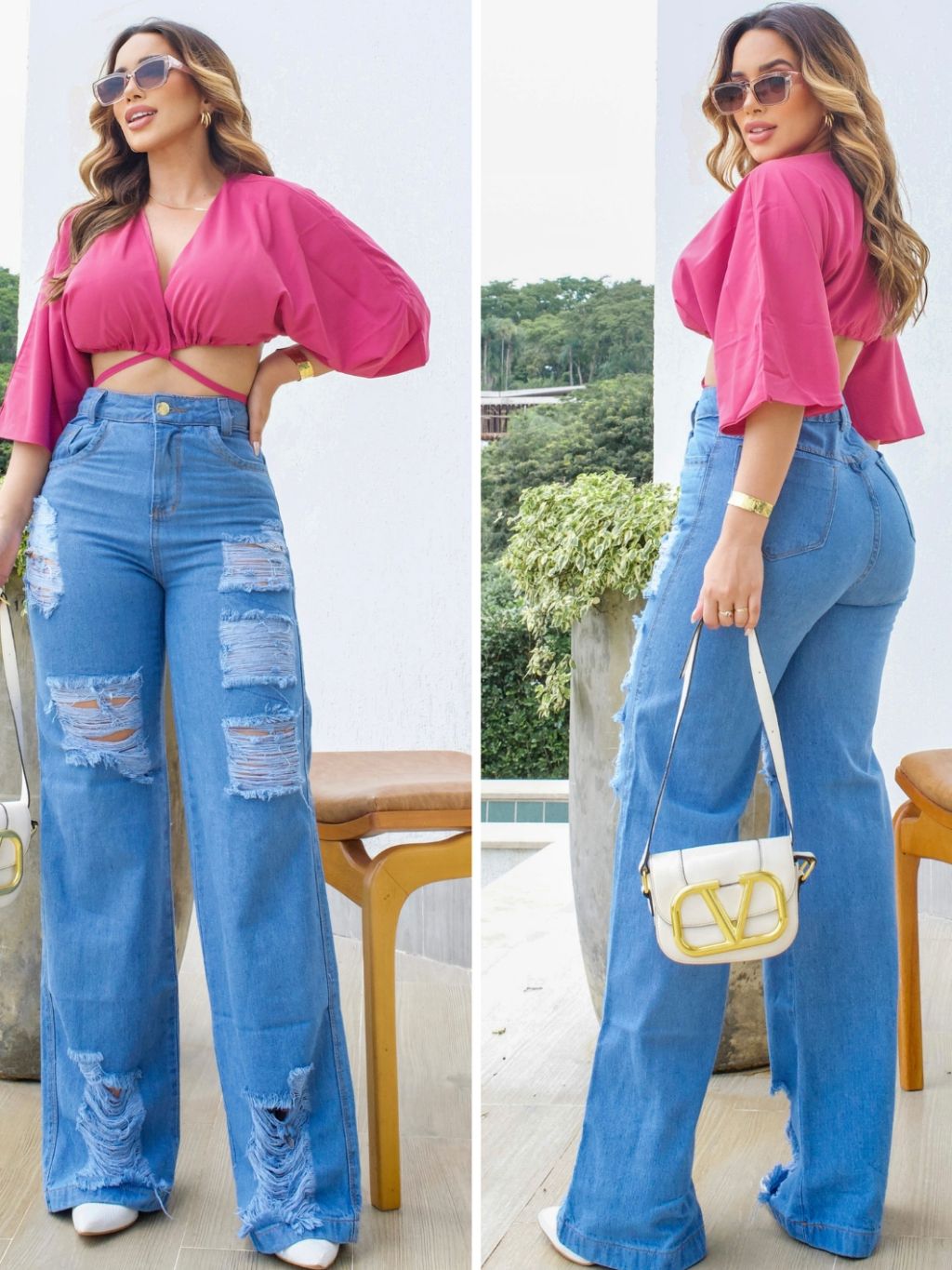 Calça Wide Leg Jeans Feminina Marmorizada Cintura Alta 100% Algodão ...