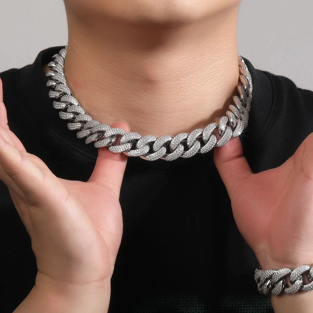 Colar e Pulseira Ice Cravejada Masculino Cuban Trap Prata com Brilhantes de Zirconia Neymar