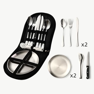 Conjunto de talheres de acampamento 304 aço inoxidável conjunto de talheres de piquenique com saco de armazenamento de