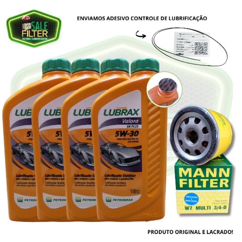 Kit Troca de Óleo 4L 5W30 SN Sintético Valora + Filtro de Óleo Mann W7 ...