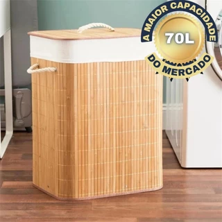 Cesto Roupa Bambu Retangular Com Tampa Alças Banheiro Bege em Oferta na Shopee
