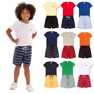 Kit Básico 8 Peças Roupa Infantil Menino - 4 Camisetas Básicas + 4 Bermudas - 4 Conjuntos Lisos Bebê Menino