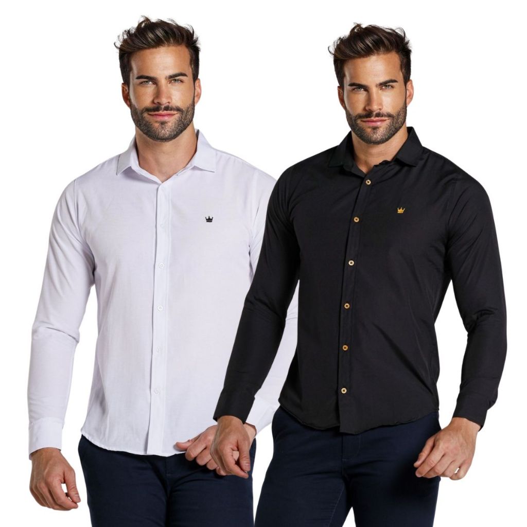 Kit 2 Camisa Social Masculina Algodão Casual Lisa Casamento Festa ...