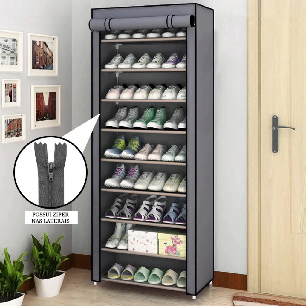 Sapateira em Tecido com Prateleiras p/ Organizar Sapatos Multiuso e Porta com Ziper