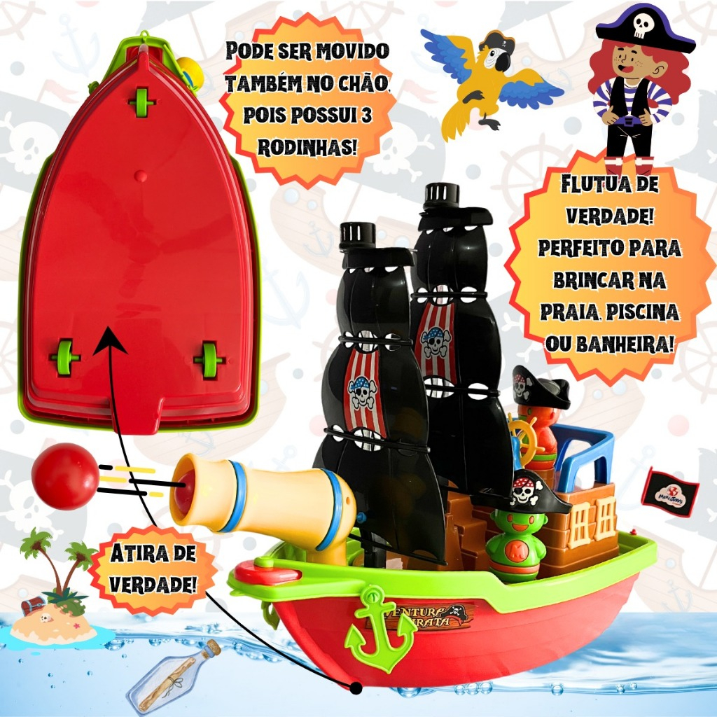 Barco Navio de Brinquedo Pirata Grande Atira Bolinha no Canhão e Flutua ...