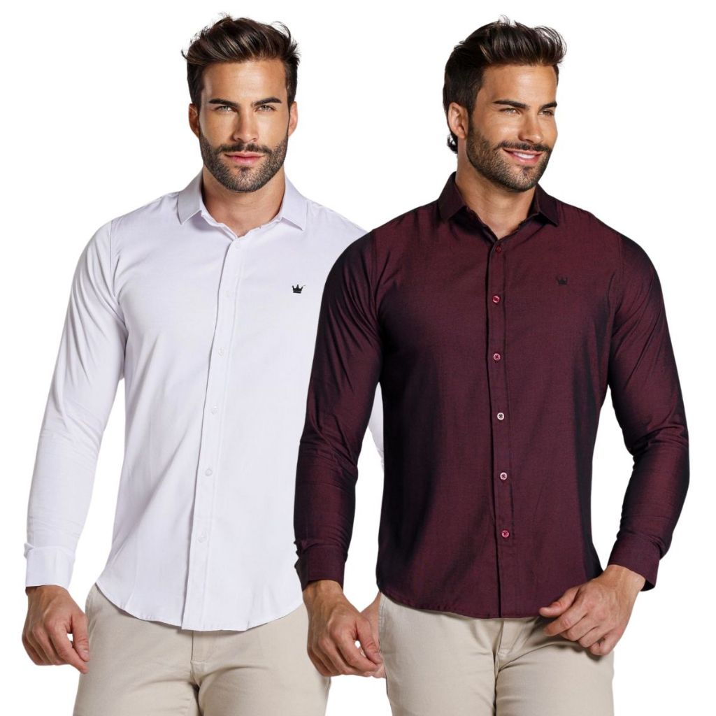 Kit 2 Camisa Masculina Social Tencel Algodão Festa Igreja Casamento ...