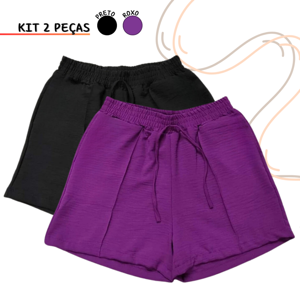 Kit 2 Short Feminino Duna Com Elástico Com Bolso Soltinho Tecido Leve ...