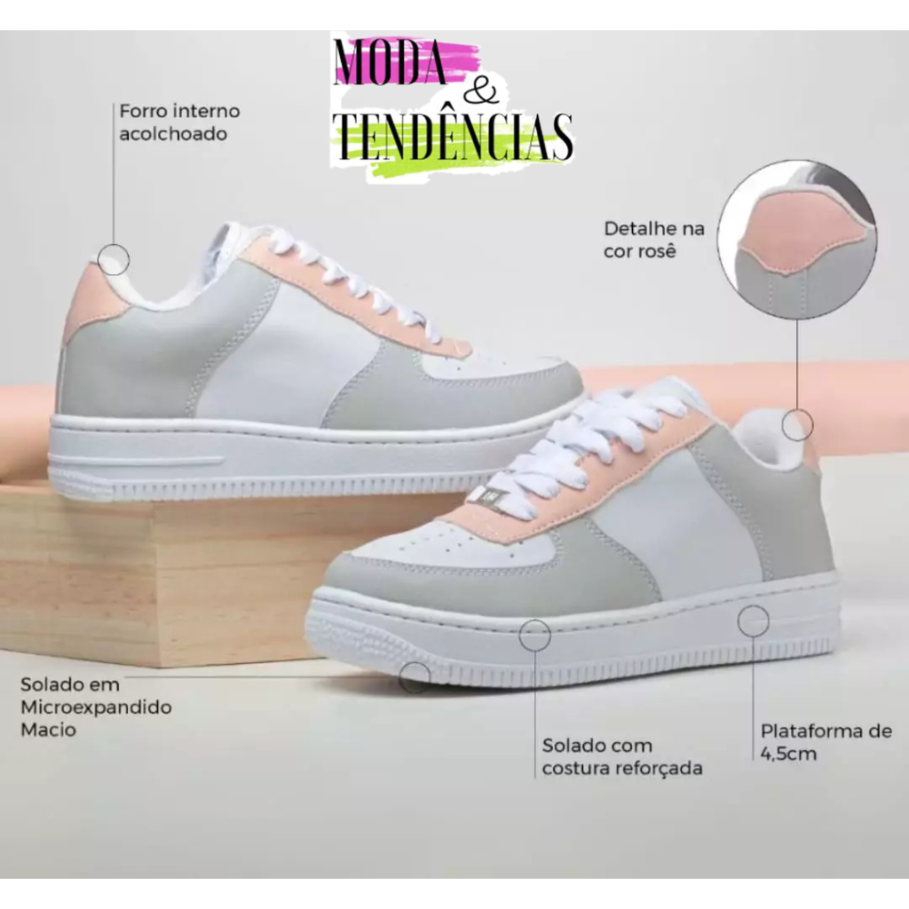 Tênis Feminino Casual Básico, Cano Baixo, Acolchoado, Tendência Moda  Blogueira (FORMA GRANDE)